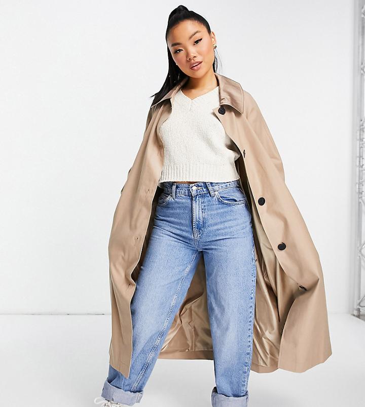 Asos Design Petite Sateen Detail Boyfriend Trench Coat In Mocha-neutral