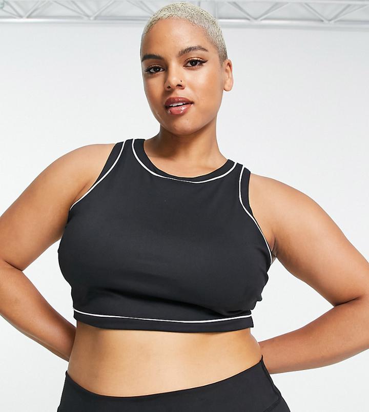 South Beach Plus Polyester Crop Racer Front Tank Top In Black With Contrast Binding