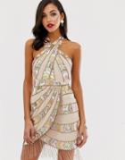Asos Design Mini Dress With Wrap Neck And Geo-tribal Embellishment Fringe-multi