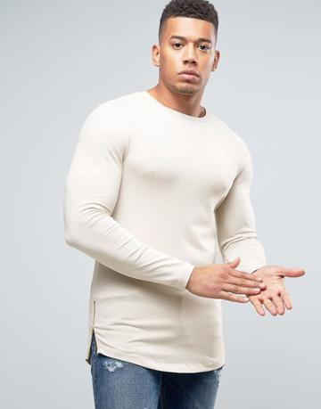 Asos Longline Muscle Long Sleeve T-shirt With Zips And Curve Hem - Bei