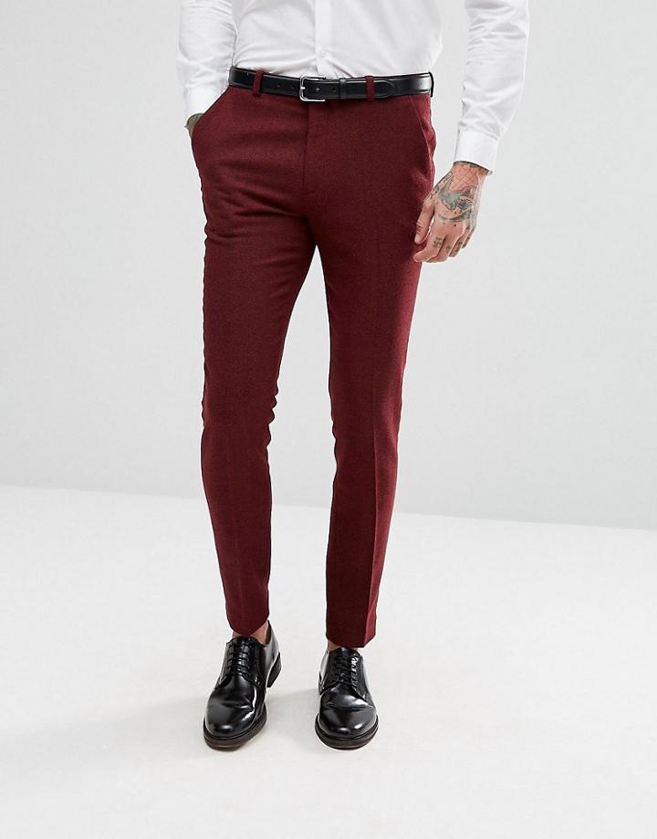 Asos Wedding Super Skinny Suit Trousers In Wine Herringbone - Red