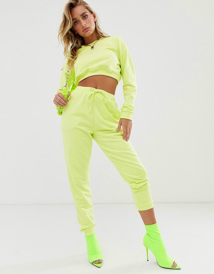 Asos Design Tracksuit Cropped Sweat / Slim Jogger With Tie In Neon Yellow-pink