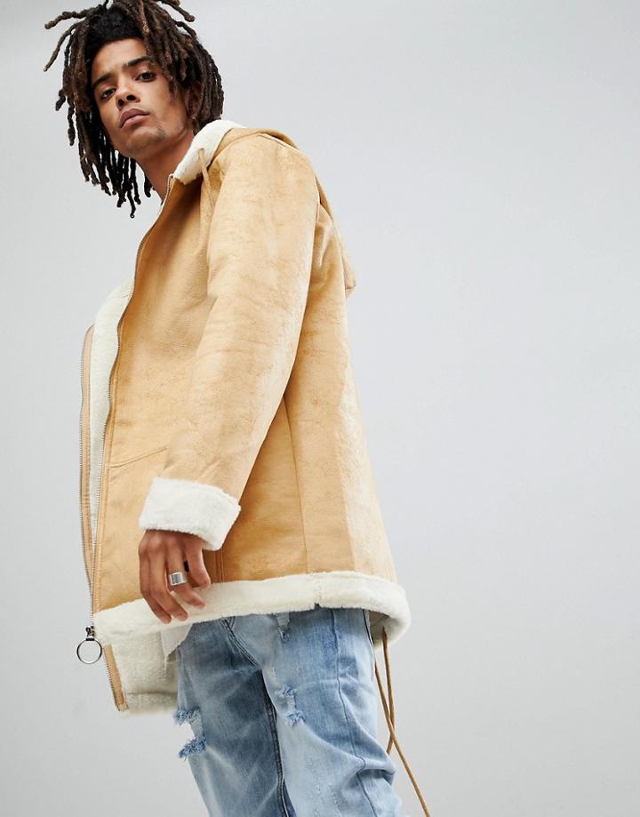 Sixth June Oversized Faux Shearling Jacket In Tan - Tan