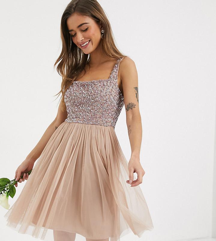 Maya Petite Bridesmaid Contrast Delicate Sequin Square Neck Mini Prom Skater Dress In Taupe Blush-pink