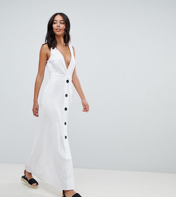 Asos Design Tall Plunge City Maxi Dress With Button Front Detail - White