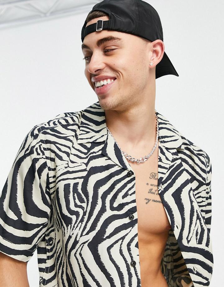 Only & Sons Short Sleeve Zebra Print Shirt In Beige-pink