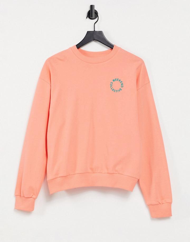 Asos Weekend Collective Oversized Sweatshirt With Tonal Embroidery Logo In Coral-multi