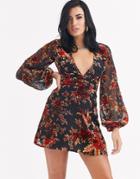 Tiger Mist Burnout Velvet Floral Skater Dress With Bell Sleeves In Multi