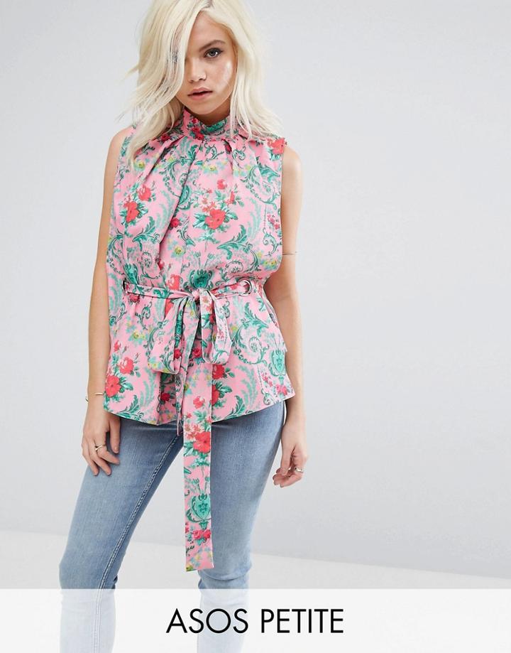 Asos Petite Floral High Neck Top Eyelet Detail Tie Waist - Multi