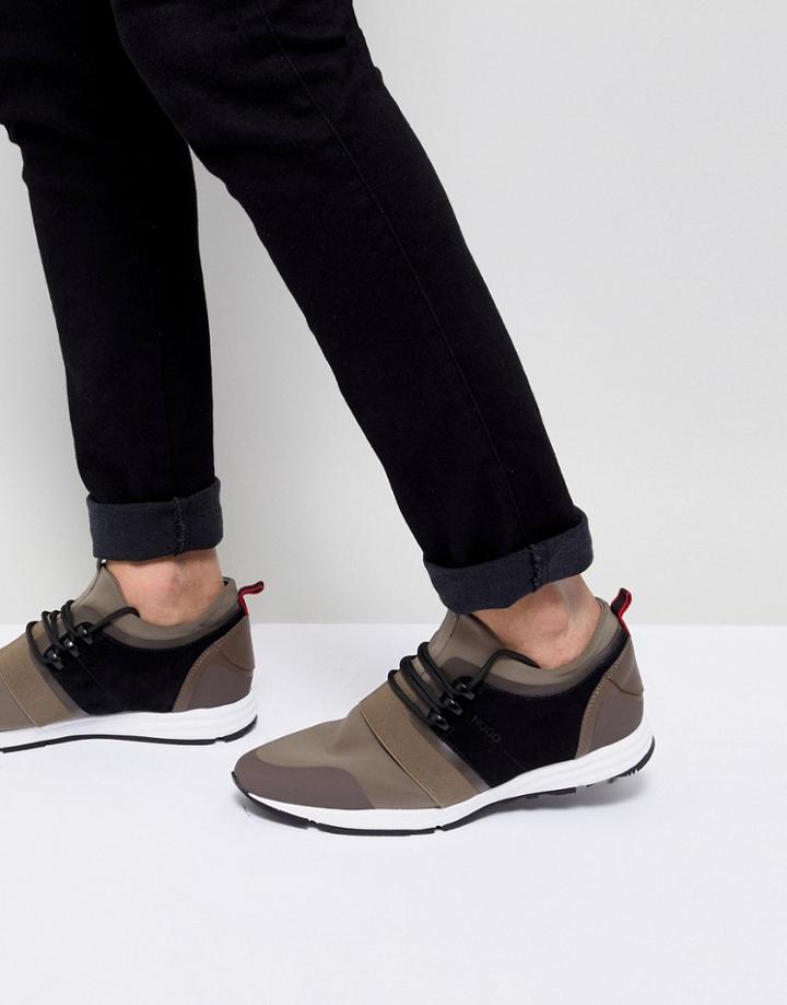 Hugo Neoprene Running Sneakers In Khaki - Beige