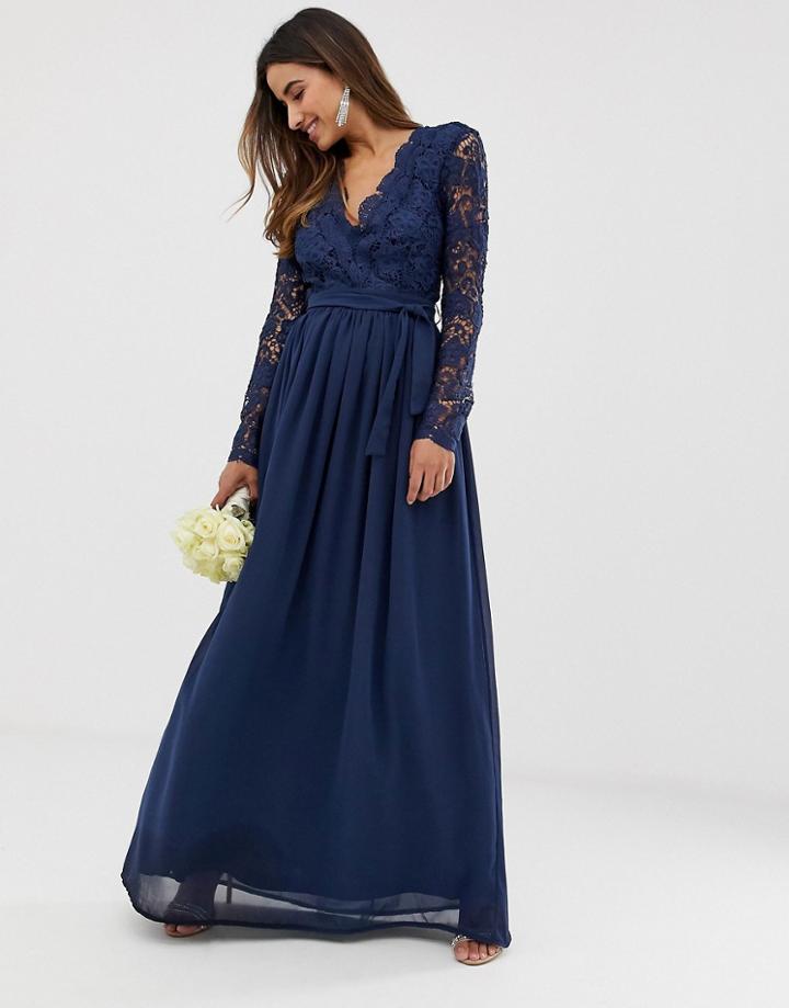 Club L Bridesmaid Long Sleeve Crocet Detail Maxi Dress - Navy