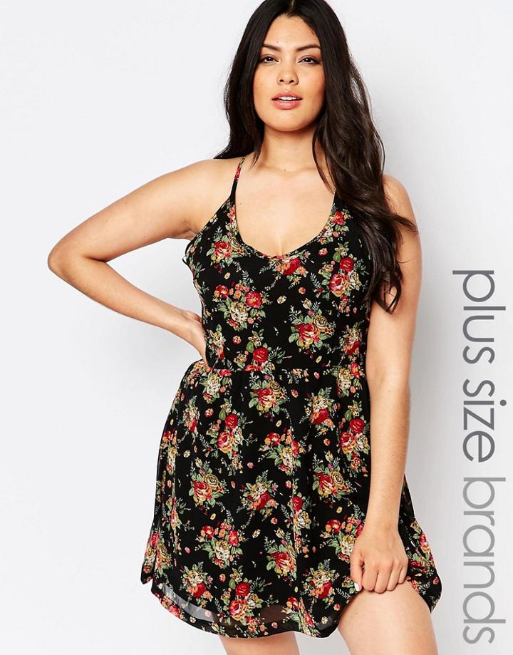 Nvme Plus Skater Dress With Cross Back In Rose Print
