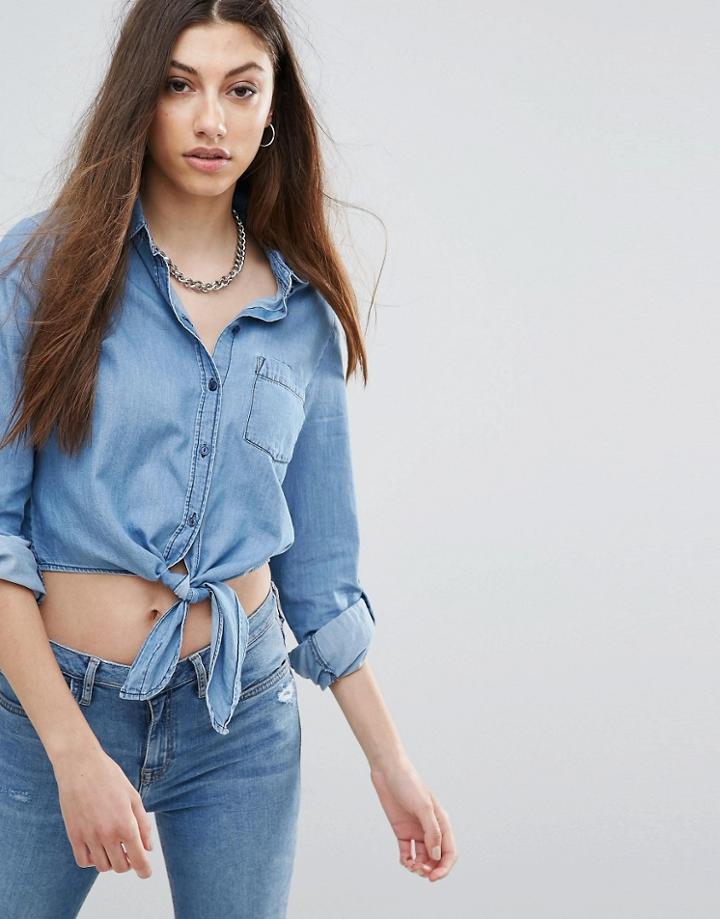 Noisy May Erik Chambray Tie Up Shirt - Navy
