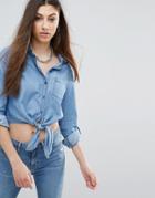 Noisy May Erik Chambray Tie Up Shirt - Navy