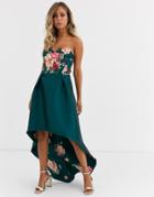 Chi Chi London Bardot Neck Prom Dress With High Low Hem In Green Floral - Multi