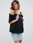 Asos Cotton Cold Shoulder Top With Ruffle - Black