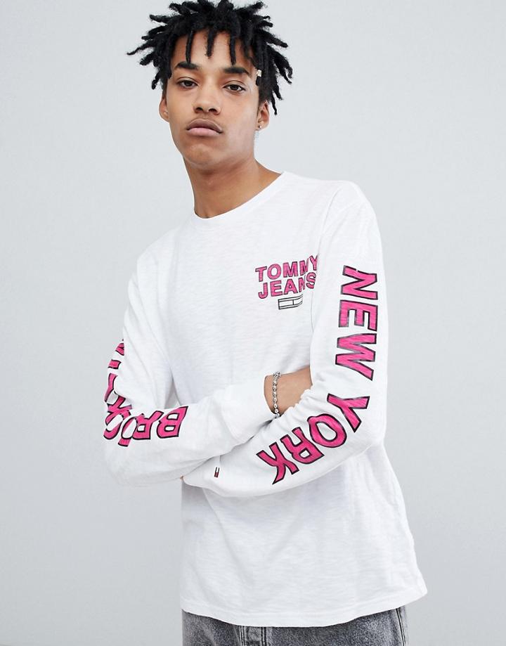 Tommy Jeans Essential Slub Long Sleeve Top Sleeve Print In White - White