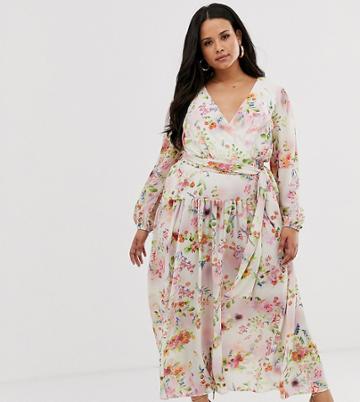 True Violet Plus Chiffon Maxi Dress In Tie Dye Floral Print - Multi