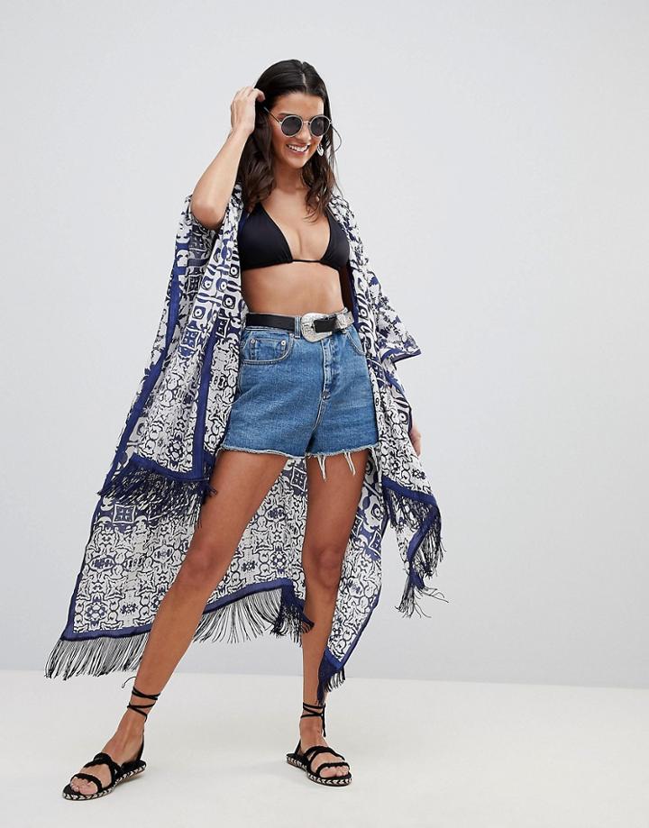 Asos Tile Print Kimono Cape With Fringing - Multi