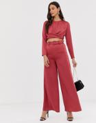 The Girlcode Wide Leg Satin Pants With Belt In Cranberry - Red
