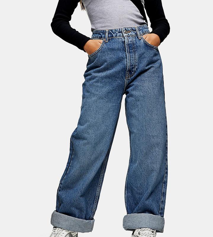 Topshop Petite Oversized Mom Jeans In Mid Blue-blues