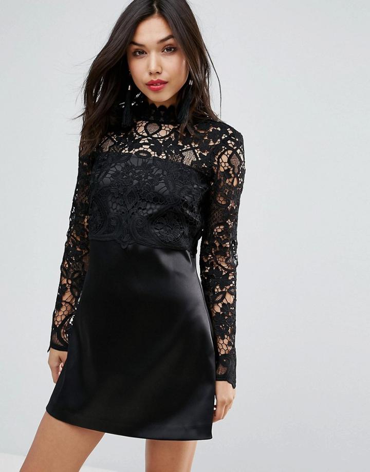 Asos Lace Bodice Long Sleeve Satin Mini Dress-black