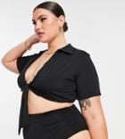 Asos Design Curve Collared Tie Front Crop Bikini Top In Shiny Black