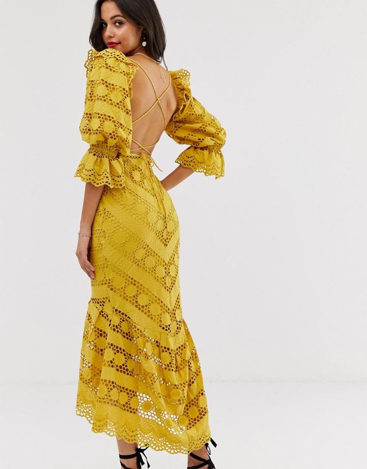 Asos Edition Broderie Milkmaid Dress - Yellow