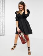 New Look Short Sleeve Ruffle Poplin Mini Dress In Black