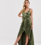 Asos Design Maxi Dress In High Shine Satin With Rope Trim Detail - Green