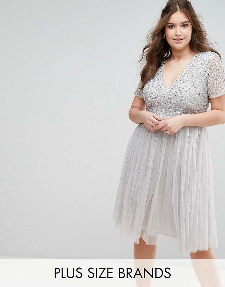 Lovedrobe Luxe Cap Sleeve V Neck Midi Dress With Tonal Delicate Sequins - Gray