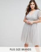 Lovedrobe Luxe Cap Sleeve V Neck Midi Dress With Tonal Delicate Sequins - Gray