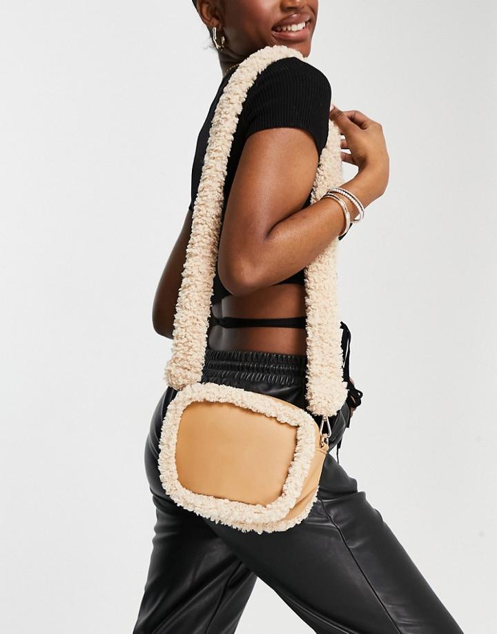 My Accessories London Cross Body Bag In Camel With White Teddy Trim-brown