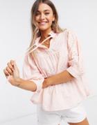 Influence Eyelet Smock Top With Tie Front In Coral-pink