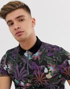 Asos Design Floral Polo With Contrast Collar And Zip Placket - Black
