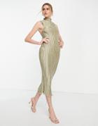 Asos Design Satin Plisse Midi Dress With High Neck In Sage-green