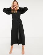 Asos Design Wrap Shirred Sleeve Jumpsuit In Black