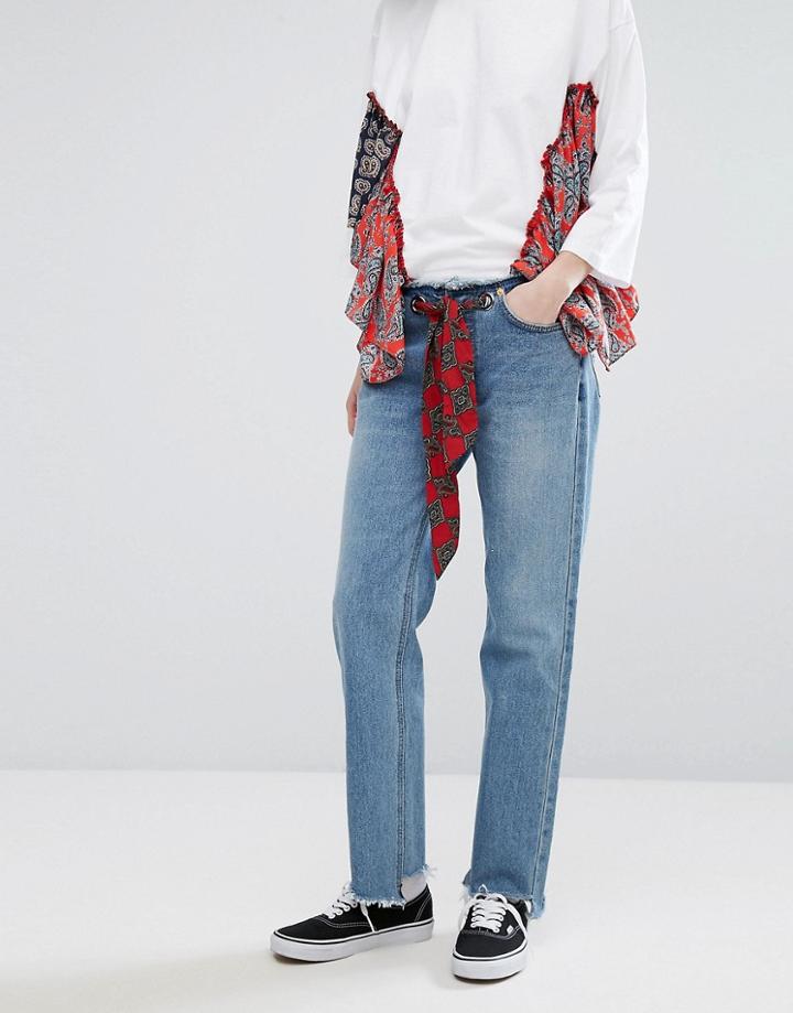 Stylenanda Raw Hem Jeans With Handkerchief Eyelet Belt - Blue