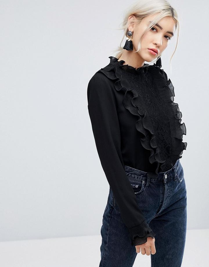 Vila Frill Lace High Neck Blouse - Black