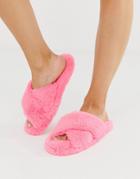 Asos Design Neve Cross Strap Fluffy Slider Slippers In Pink - Pink