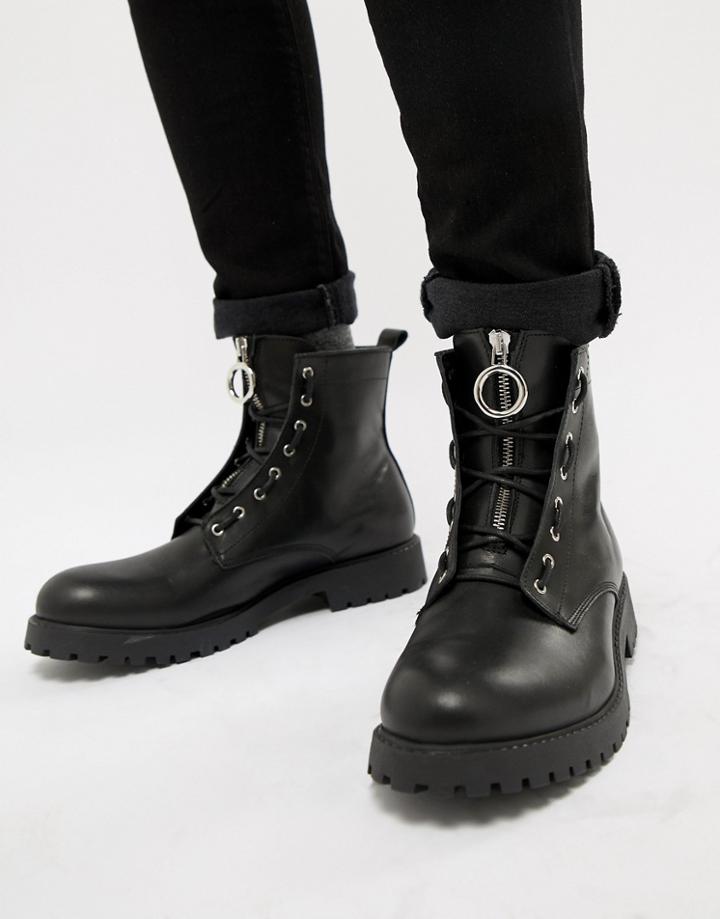 Asos Design Lace Up Boots In Black Leather With Metal Detail - Black
