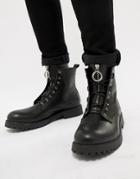 Asos Design Lace Up Boots In Black Leather With Metal Detail - Black