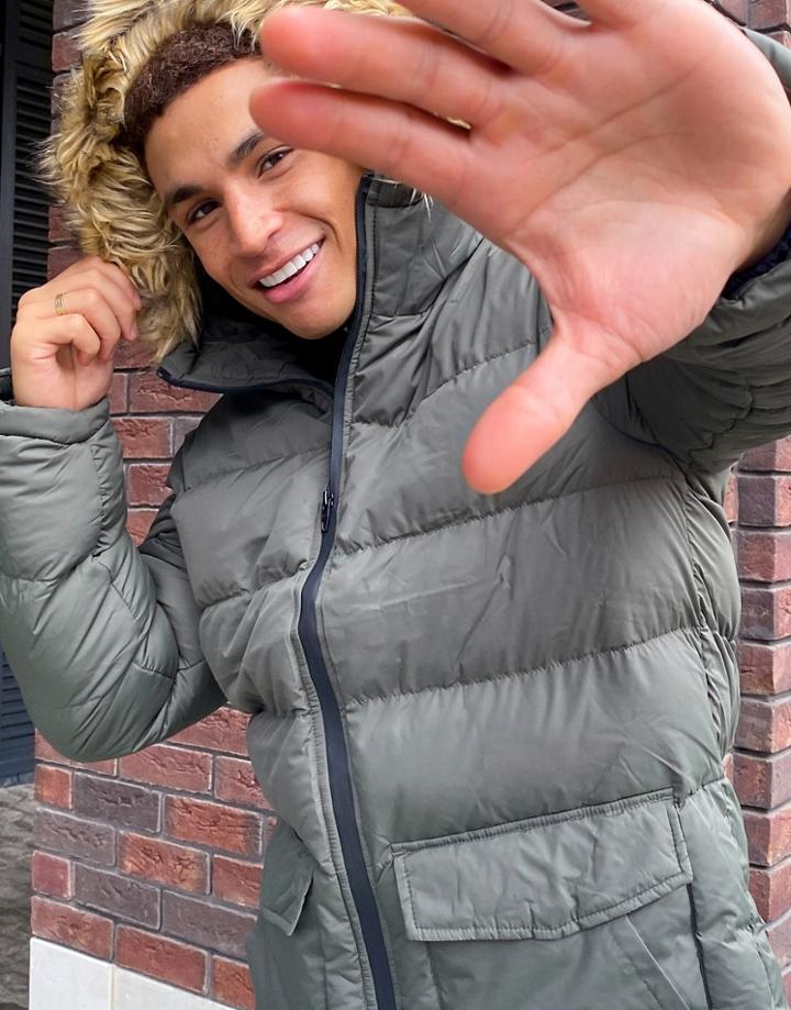 French Connection Padded Hooded Faux Fur Parka In Khaki-green