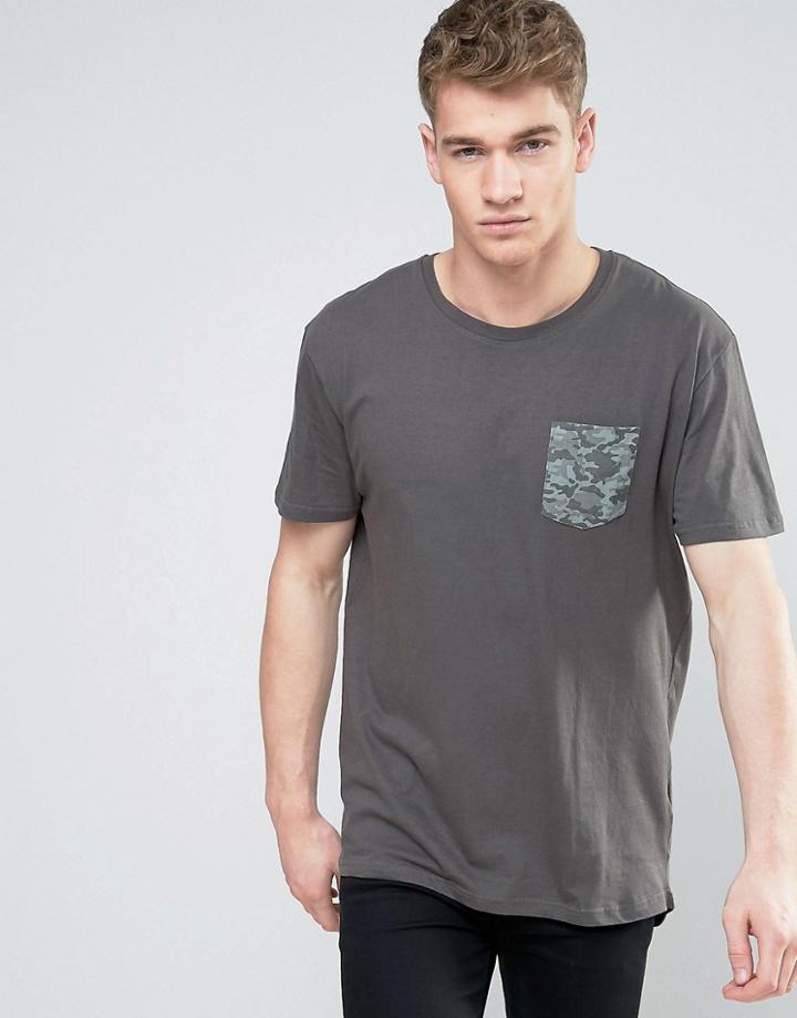 Brave Soul Curved Longline Camo Pocket T-shirt - Gray