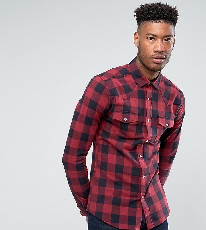 Asos Design Tall Skinny Western Buffalo Plaid Shirt In Red - Red