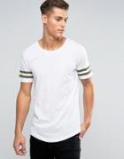 Only & Sons Longline T-shirt With Arm Stripes And Curved Hem - White