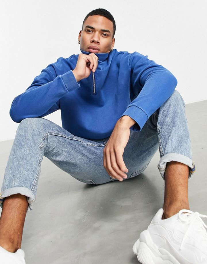 Asos Design Organic Oversized Half Zip Sweatshirt In Washed Navy