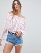 Asos Design Casual Off Shoulder Top With Utility Detail In Ditsy Floral - Multi
