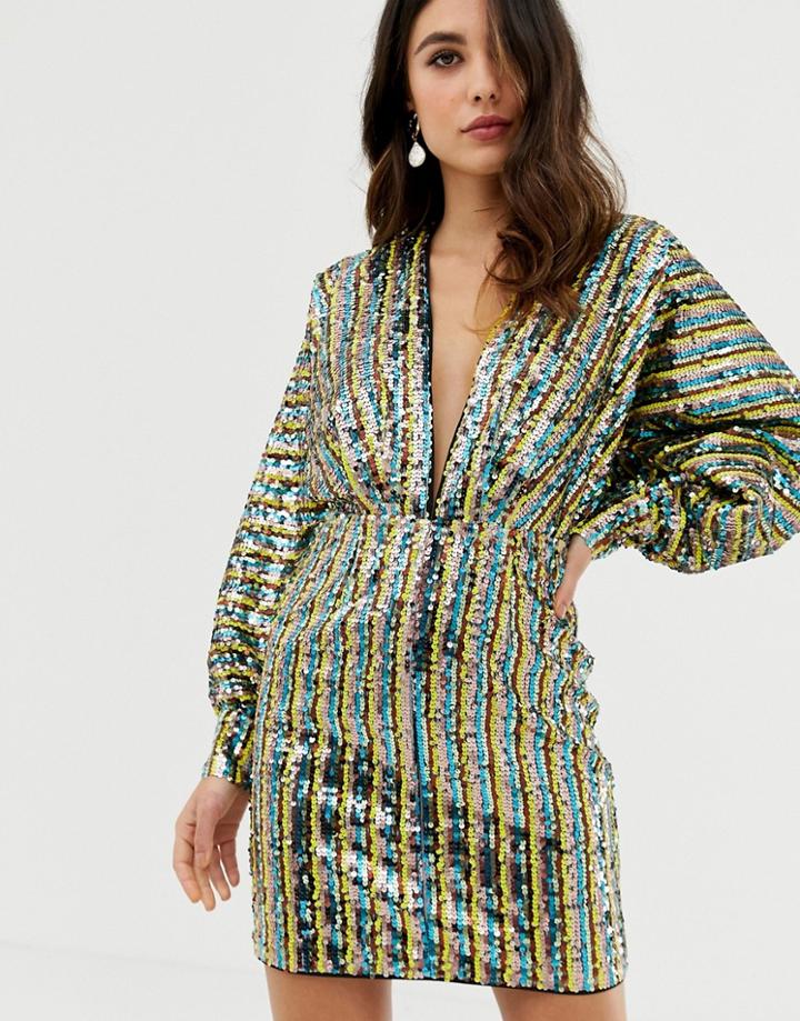Asos Design Stripe Embellished Sequin Batwing Kimono Mini Dress-multi
