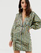Asos Design Stripe Embellished Sequin Batwing Kimono Mini Dress-multi